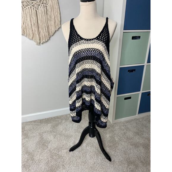 Zara Blue Black Loose Knit Crochet 100% Cotton Beachy Coastal Tank Top Small - Picture 1 of 10